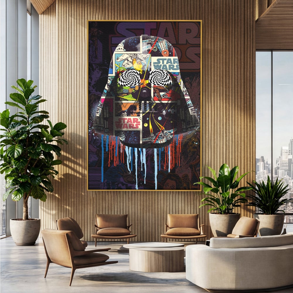 Tablou canvas cu tablou canvas cu darth vader din star wars, in rama de aluminiu auriu, pe perete intr-un birou